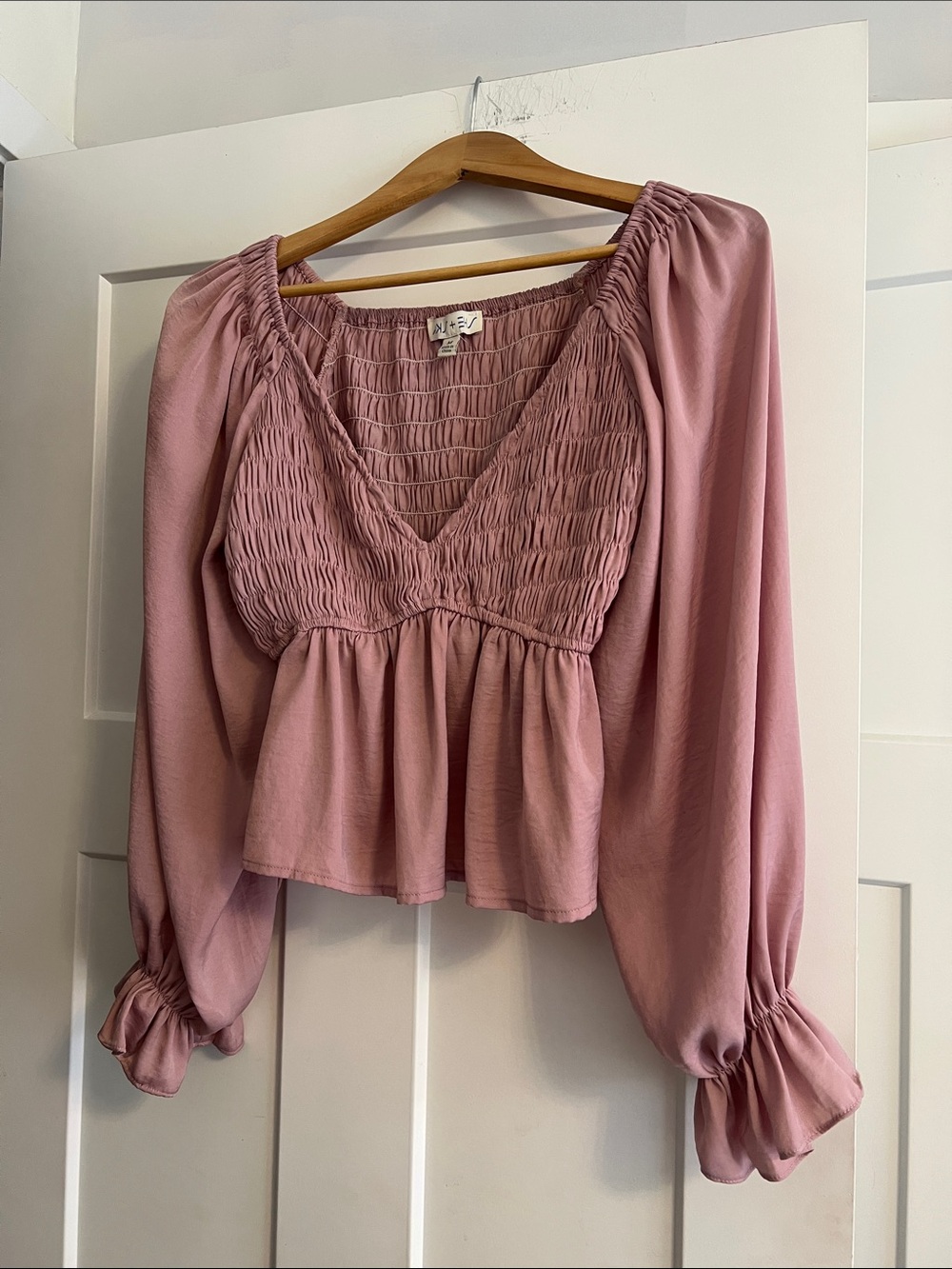 Smocked V-Neck Peasant Blouse - Pink